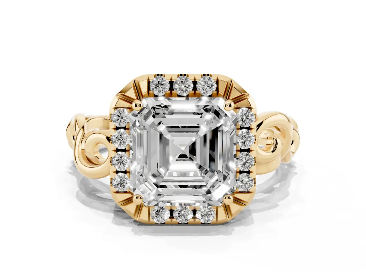 Asscher Cut Cut Halo Diamond Ring with Scrollwork Band and Four-Prong Setting Yellow gold