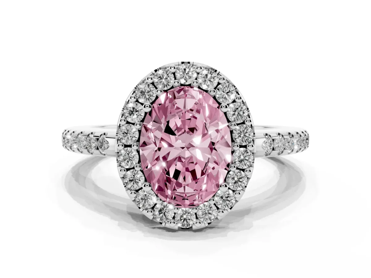 Fancy Pink Oval Cut Diamond Pavé Halo Ring with Four-Prong Setting Silver
