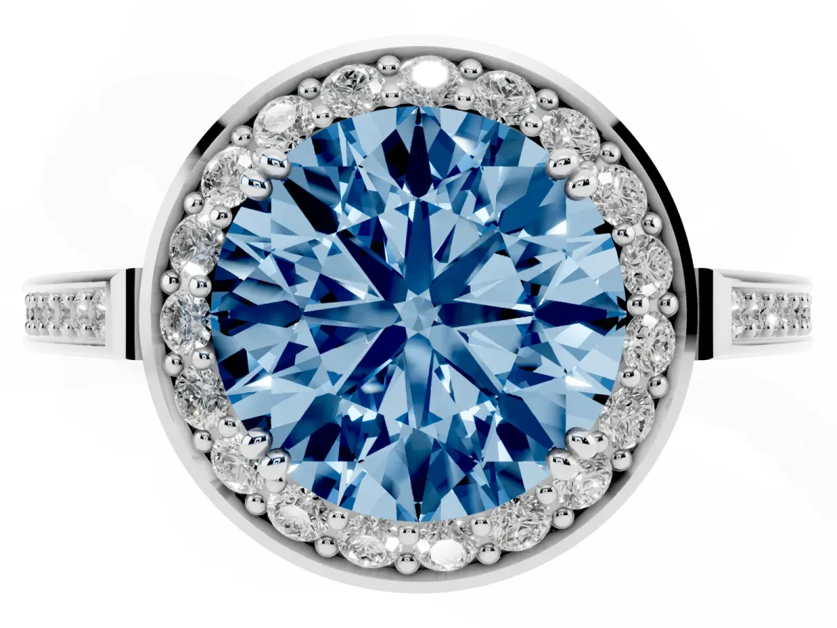 Fancy Blue Round Cut Diamond Halo Ring with Split Shank and Four-Prong Setting White gold