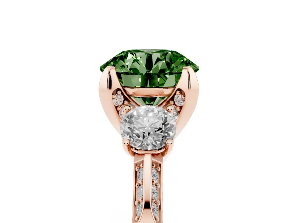 Fancy Green Round Cut Brilliant Three-Stone Diamond Ring with Pavé Band and Four-Prong Setting Rose gold