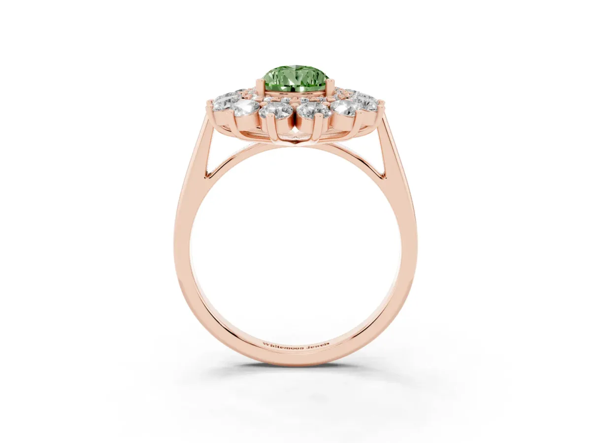 Fancy Green Pear Cut Diamond Floral Double Halo Engagement Ring with Prong Setting Rose gold