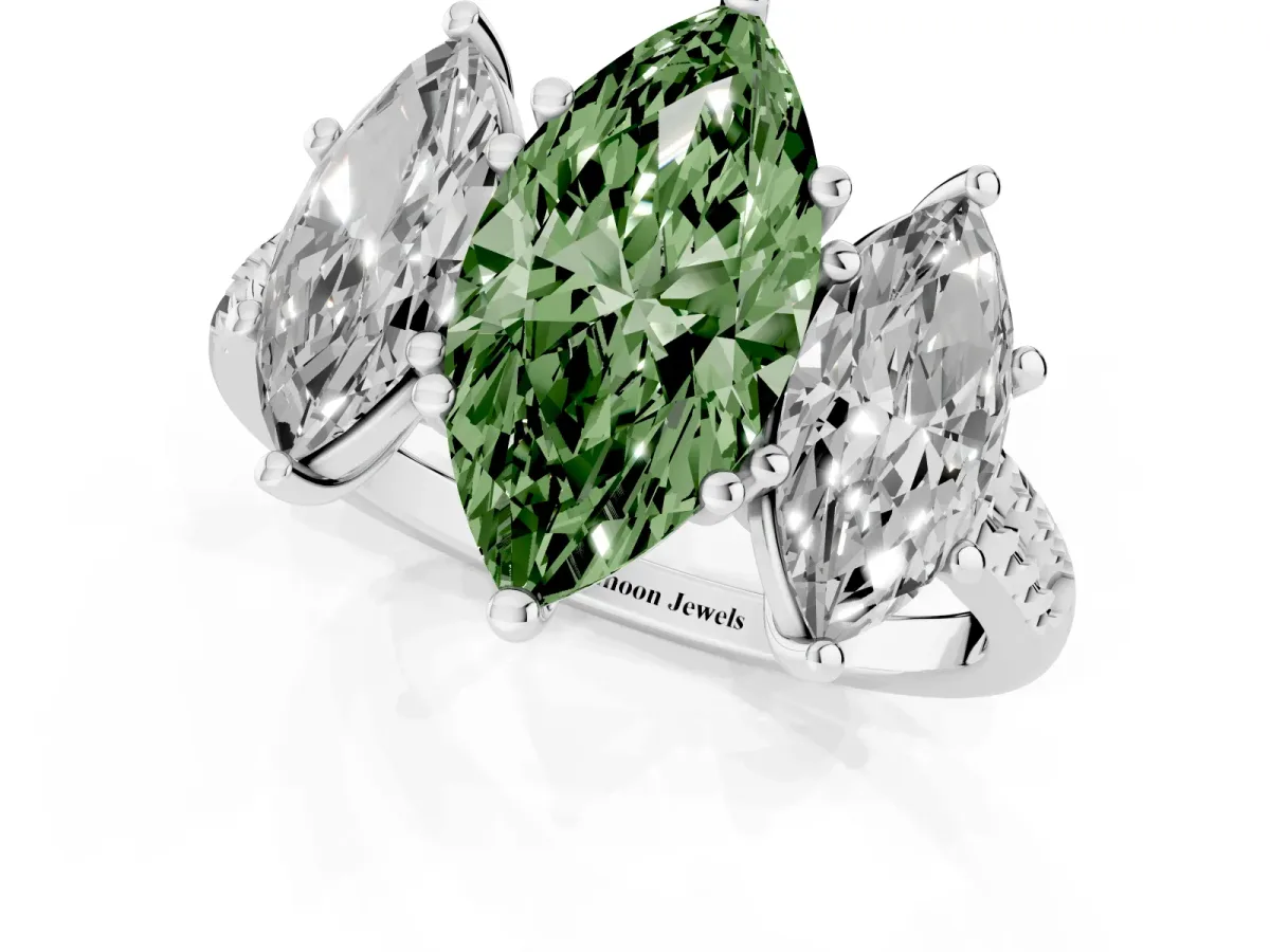 Fancy Green Three-Stone Marquise Cut Diamond Ring with Round Pavé Band and Prong Setting Silver