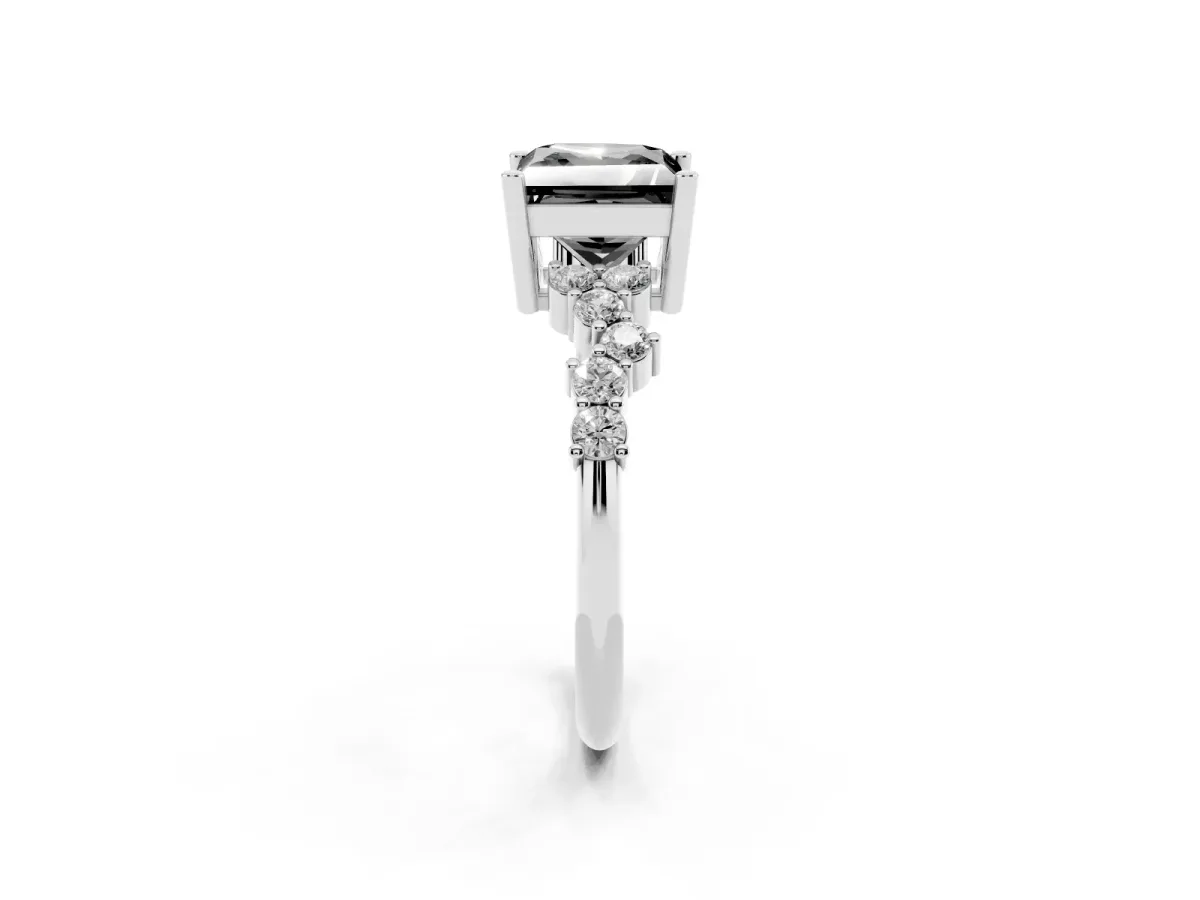 Fancy Black Princess Cut Diamond Scattered Round Accent Ring with Prong Setting Silver