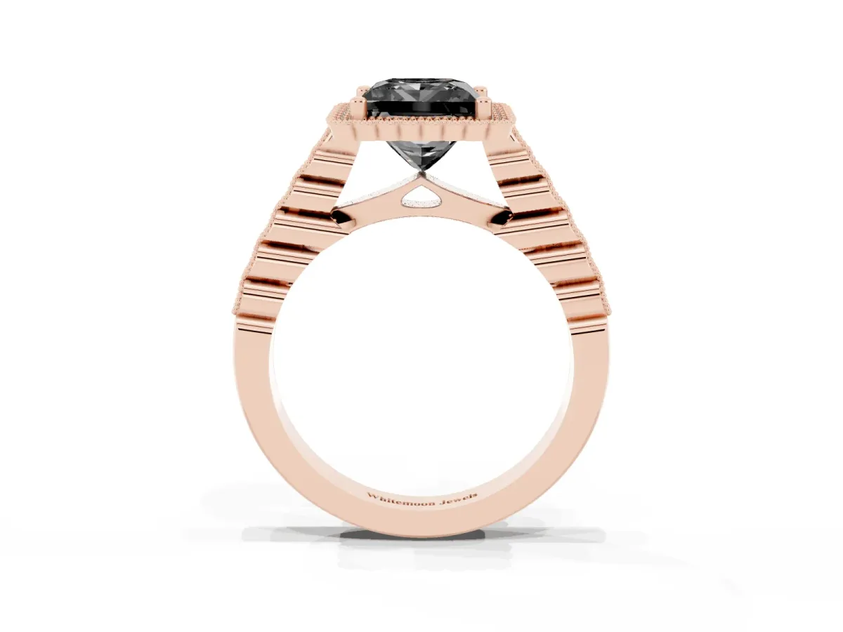 Fancy Black Princess Cut Cut Halo Pavé Solitaire Ring with Milgrain Band Rose gold