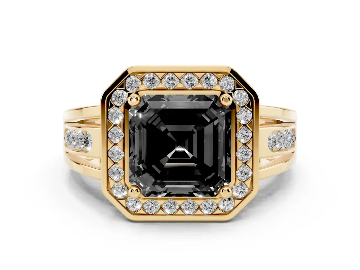 Fancy Black Asscher Cut Diamond Halo Ring with Split Shank and Bezel Accents and Prong Setting Yellow gold
