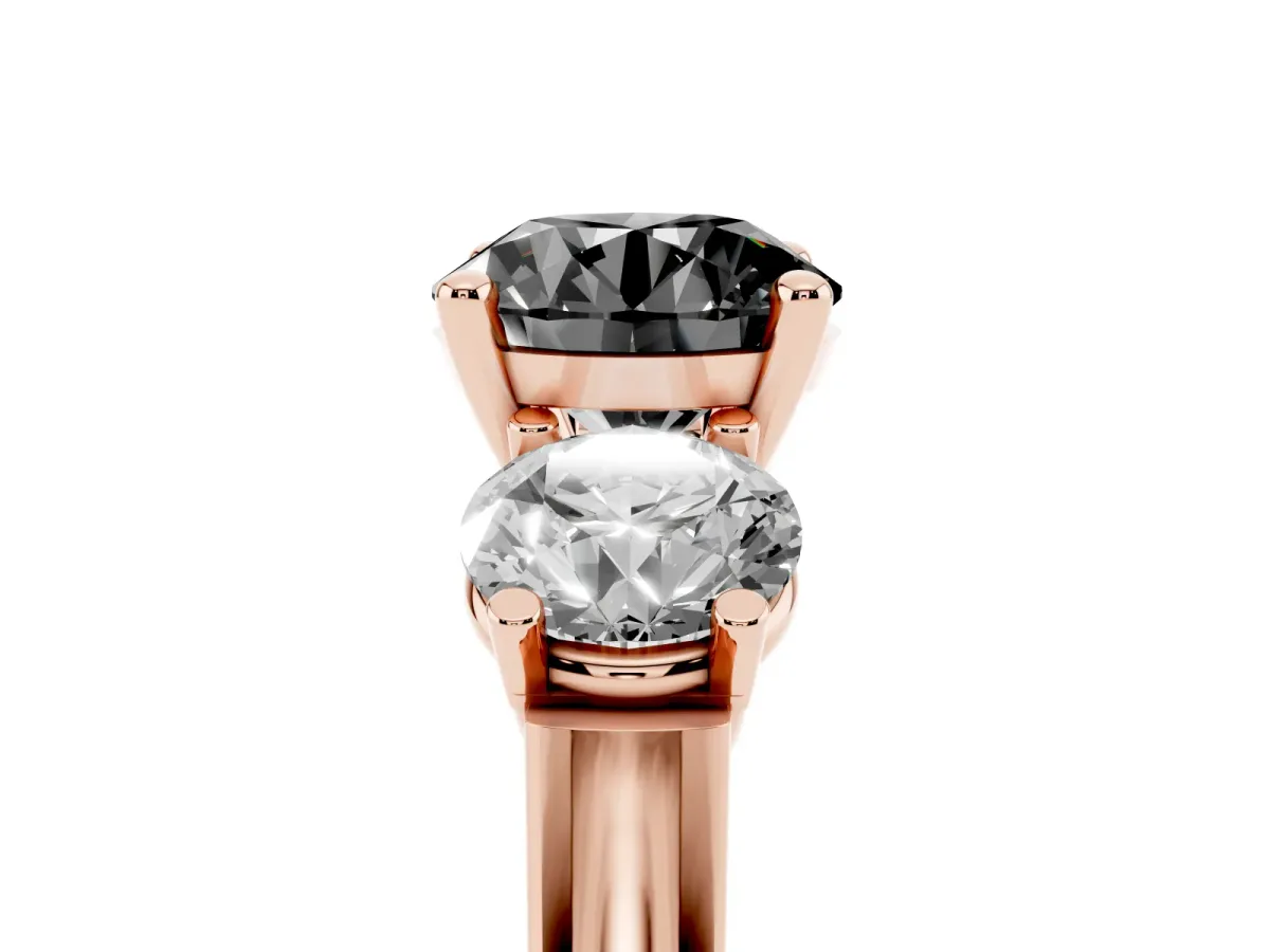 Fancy Black Three-Stone Round Cut Brilliant Diamond Trellis Ring with Comfort Fit Band Rose gold