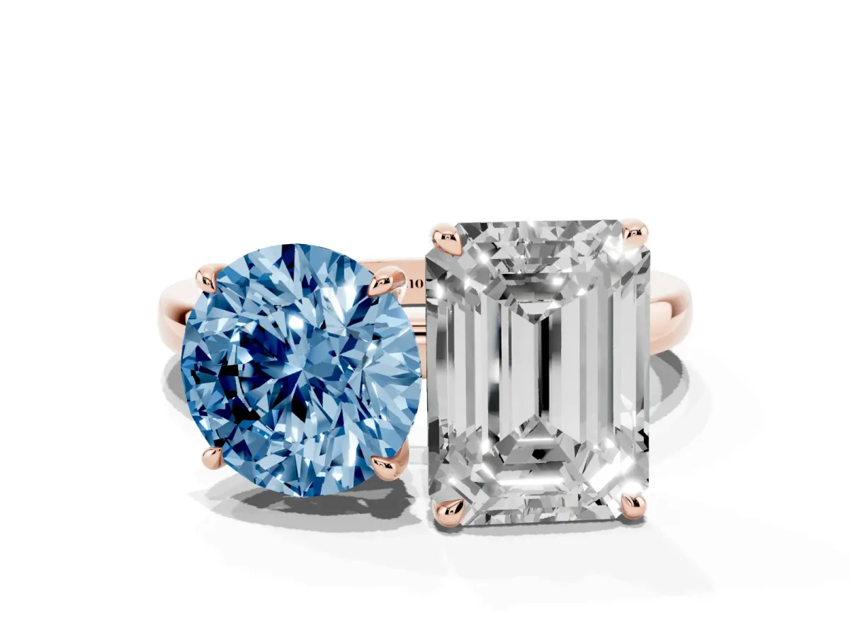 Fancy Blue Round Cut and Emerald Cut Toi Moi Ring with Prong Setting Rose gold