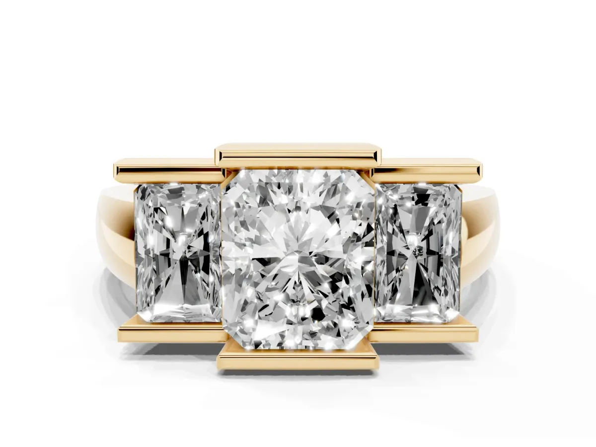 Three Stone Radiant Cut Cut Channel Set Diamond Ring Yellow gold
