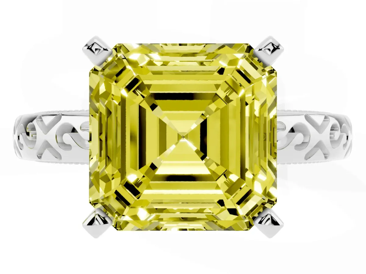 Fancy Yellow Asscher Cut Solitaire Engagement Ring with Scrollwork Band and Four-Prong Setting Silver