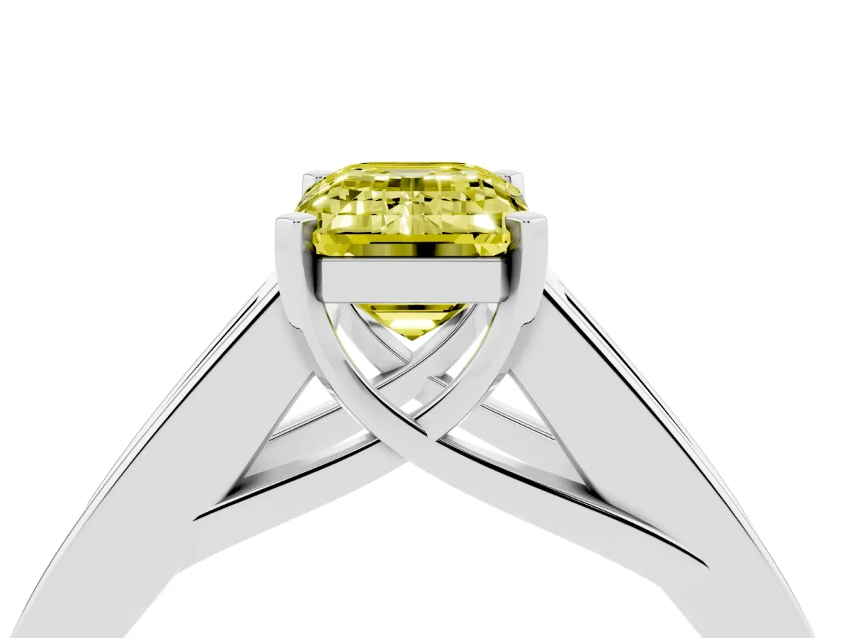 Fancy Yellow Emerald Cut Cut Channel Set Solitaire Ring with Four-Prong Setting Silver