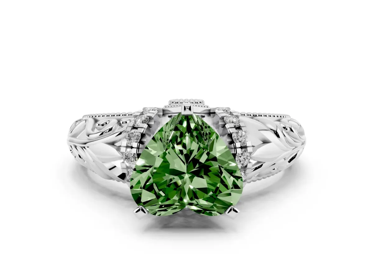 Fancy Green Heart Cut Solitaire Filigree Engagement Ring with Halo and Prong Setting Platinum