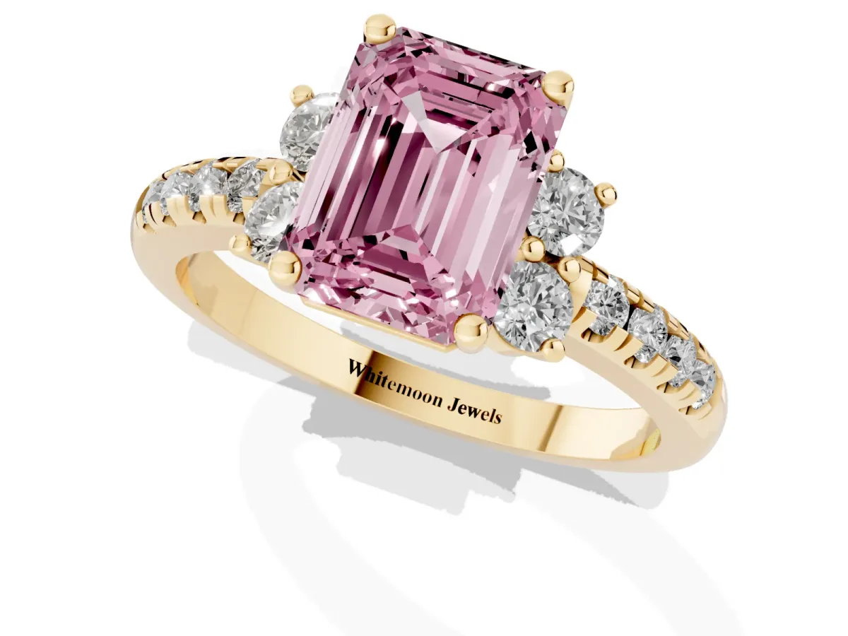 Fancy Pink Emerald Cut Diamond Three-Stone Pave Band with Four-Prong Setting Yellow gold