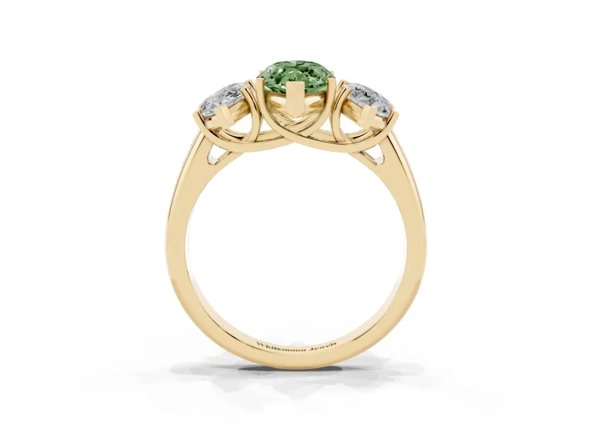 Fancy Green Three-Stone Marquise Cut Diamond Engagement Ring with Prong Setting Yellow gold