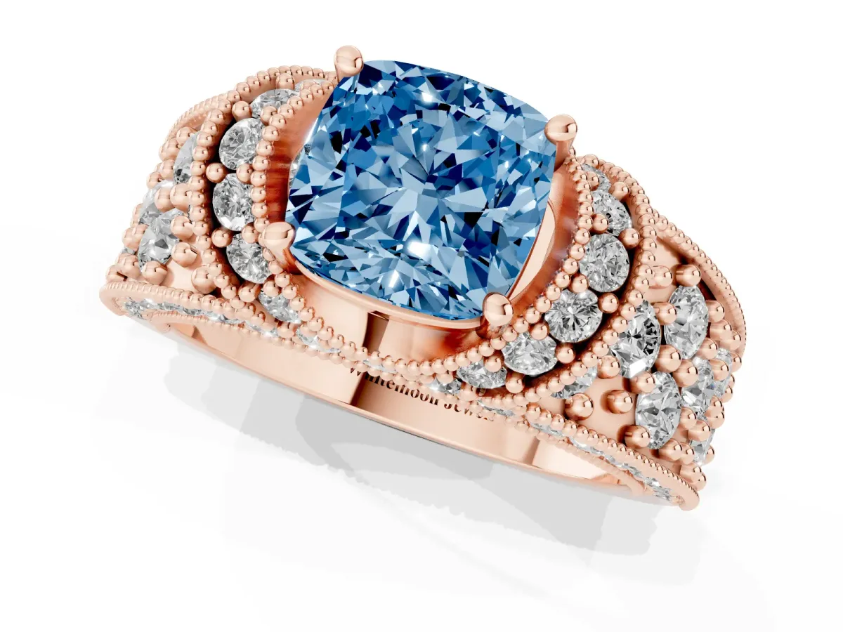 Fancy Blue Cushion Cut Halo Pave Diamond Engagement Ring with Milgrain Detailing Rose gold