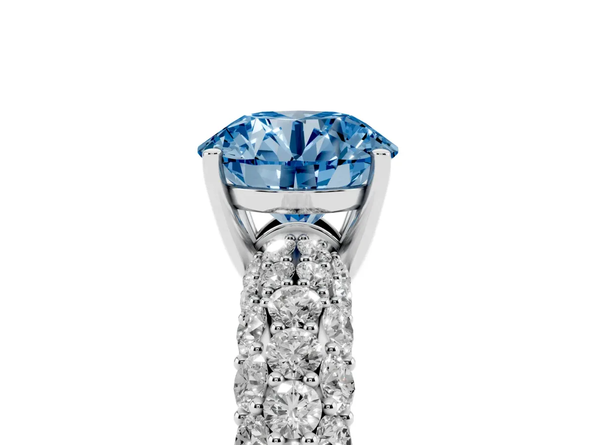 Fancy Blue Round Cut Diamond Pavé Band Solitaire Ring with Four-Prong Setting White gold