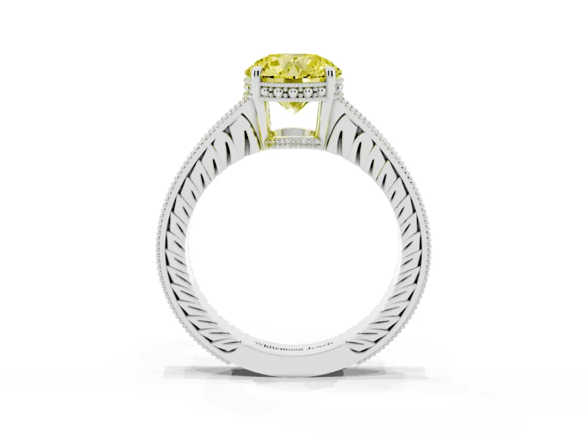 Fancy Yellow Round Cut Solitaire Pavé Diamond Milgrain Engagement Ring with Four-Prong Setting Silver