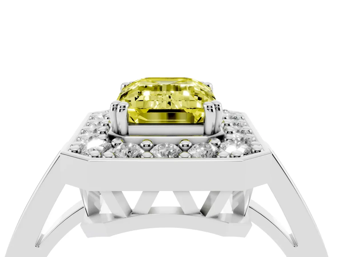 Fancy Yellow Emerald Cut Diamond Halo Ring with Split Shank and Four-Prong Setting Silver