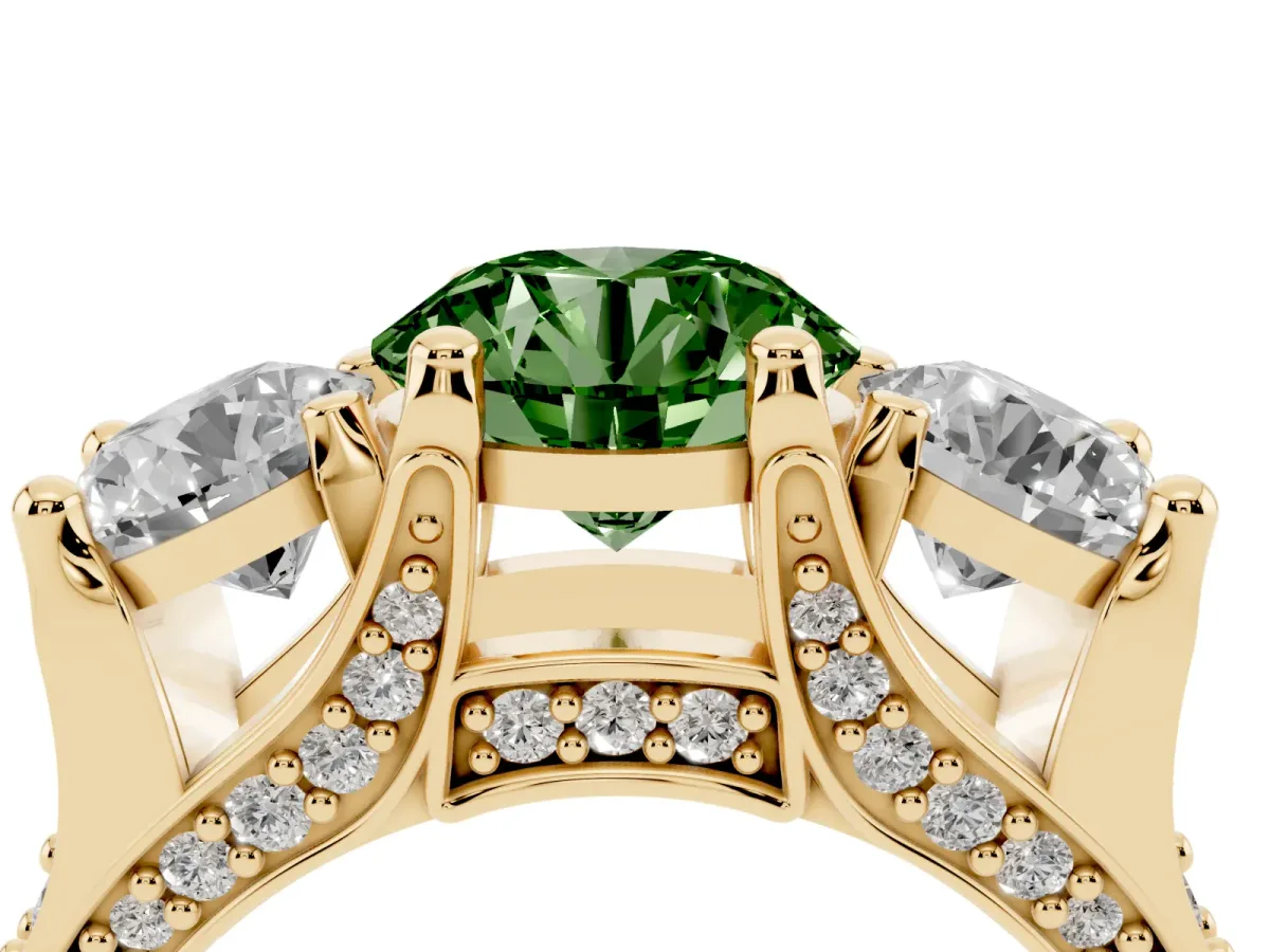 Fancy Green Round Cut Diamond Three-Stone Ring with Channel Set Band and Four-Prong Setting Yellow gold