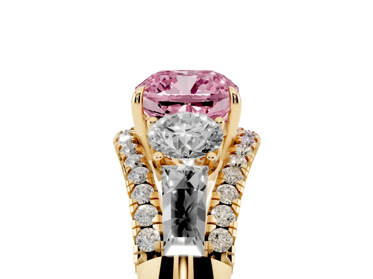 Fancy Pink Three-Stone Cushion Cut Diamond Engagement Ring with Pave Band and Prong Setting Yellow gold
