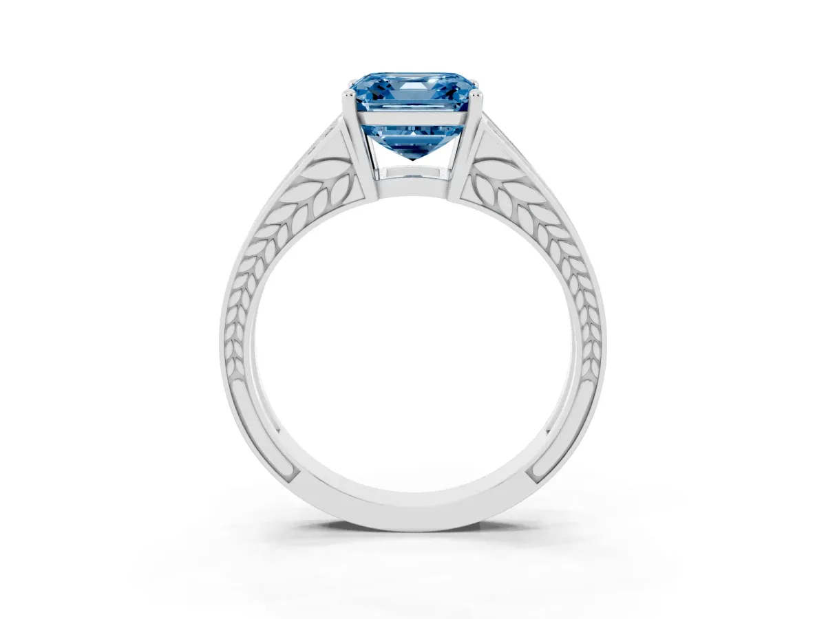 Fancy Blue Asscher Cut Diamond Split Shank Ring with Pavé Band and Four-Prong Setting White gold