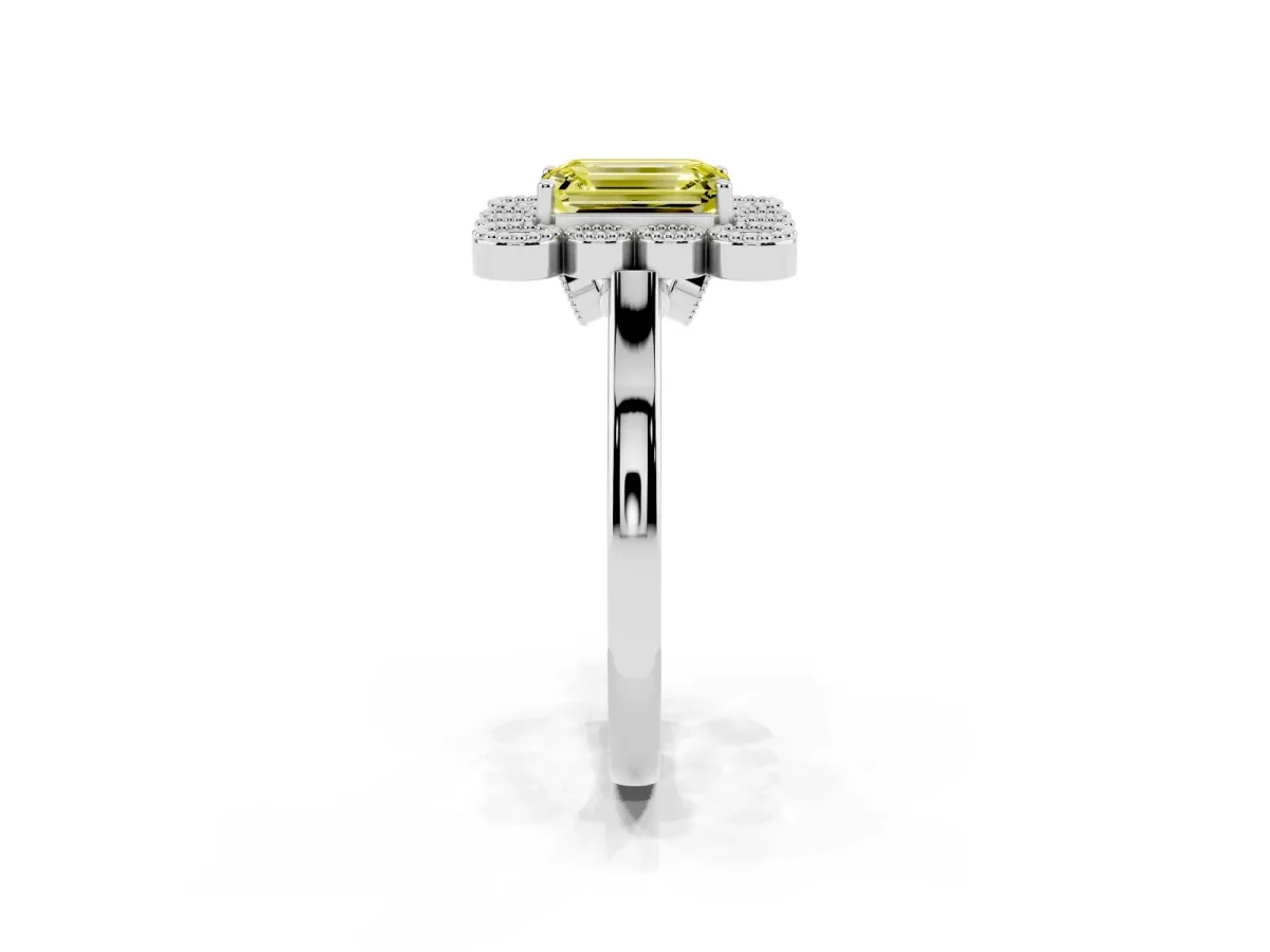 Fancy Yellow Emerald Cut Halo Diamond Cluster Engagement Ring with Milgrain Bezel Setting and Solitaire Band Silver