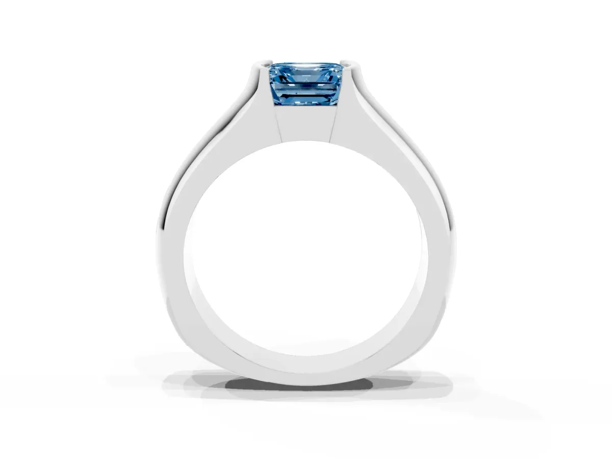 Fancy Blue Asscher Cut Solitaire Bezel Set Diamond Ring with Wide Band Silver