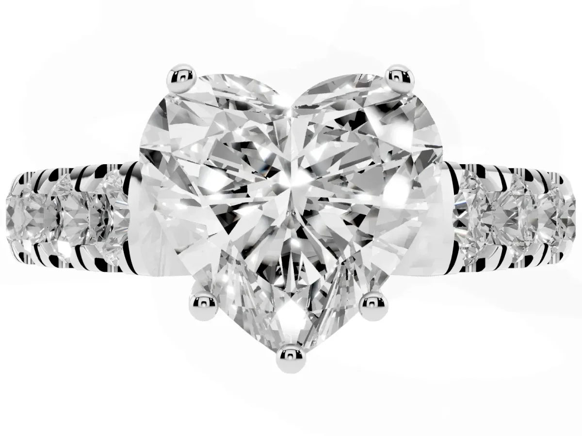 Heart Cut Cut Diamond Solitaire Ring with Micro Pave Band and Prong Setting Silver