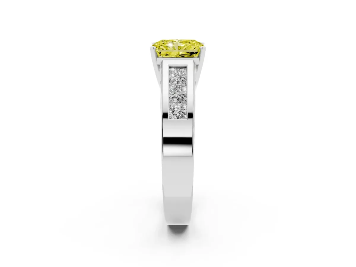Fancy Yellow Radiant Cut Cut Channel Set Solitaire Ring with Four-Prong Setting White gold