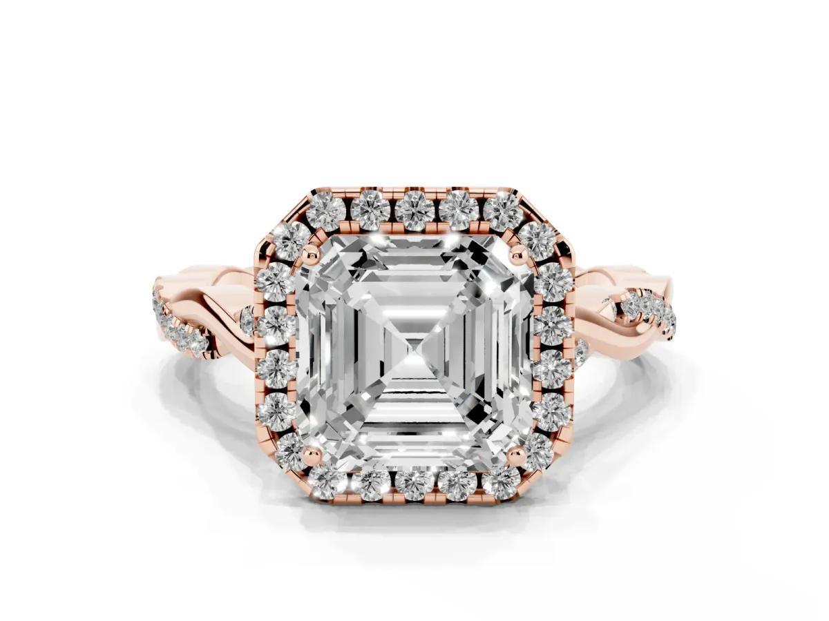 Asscher Cut Halo Twist Band Solitaire Ring Rose gold