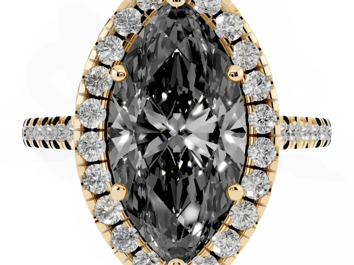 Fancy Black Marquise Cut Diamond Cushion Halo Ring with Pavé Band Yellow gold