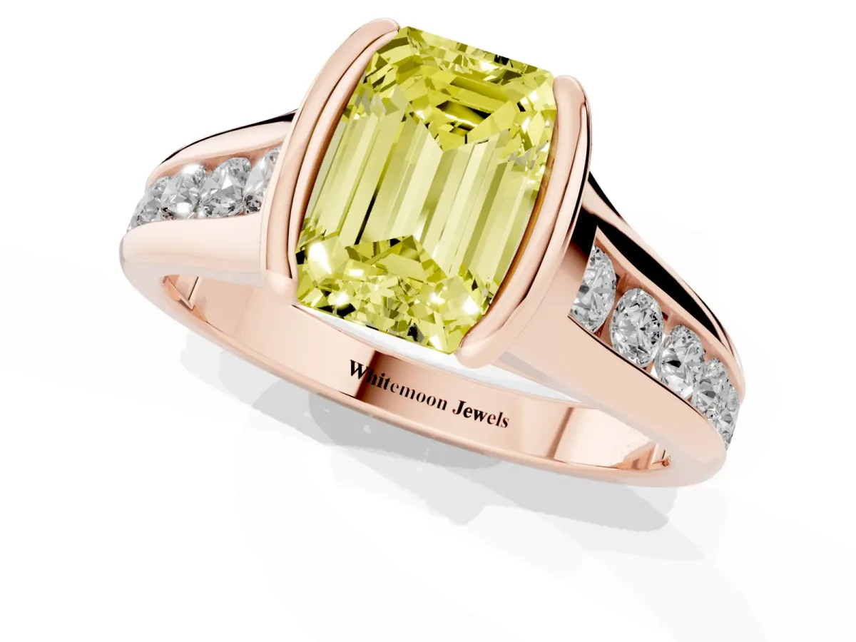 Fancy Yellow Emerald Cut Solitaire Bezel-Set Diamond Ring with Channel-Set Band Rose gold