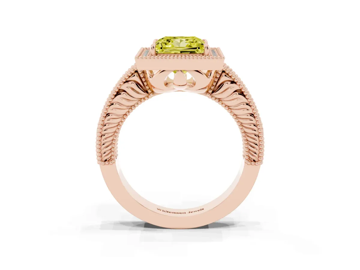 Fancy Yellow Princess Cut Cut Halo Diamond Ring with Pavé Band and Four-Prong Setting Rose gold