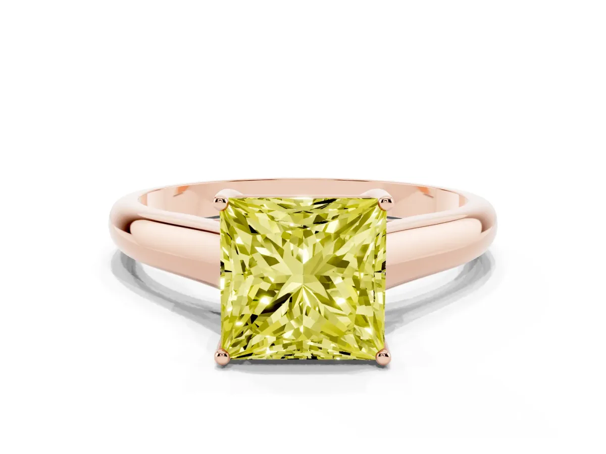 Fancy Yellow Princess Cut Solitaire Engagement Ring with Tapered Band and Four-Prong Setting Rose gold
