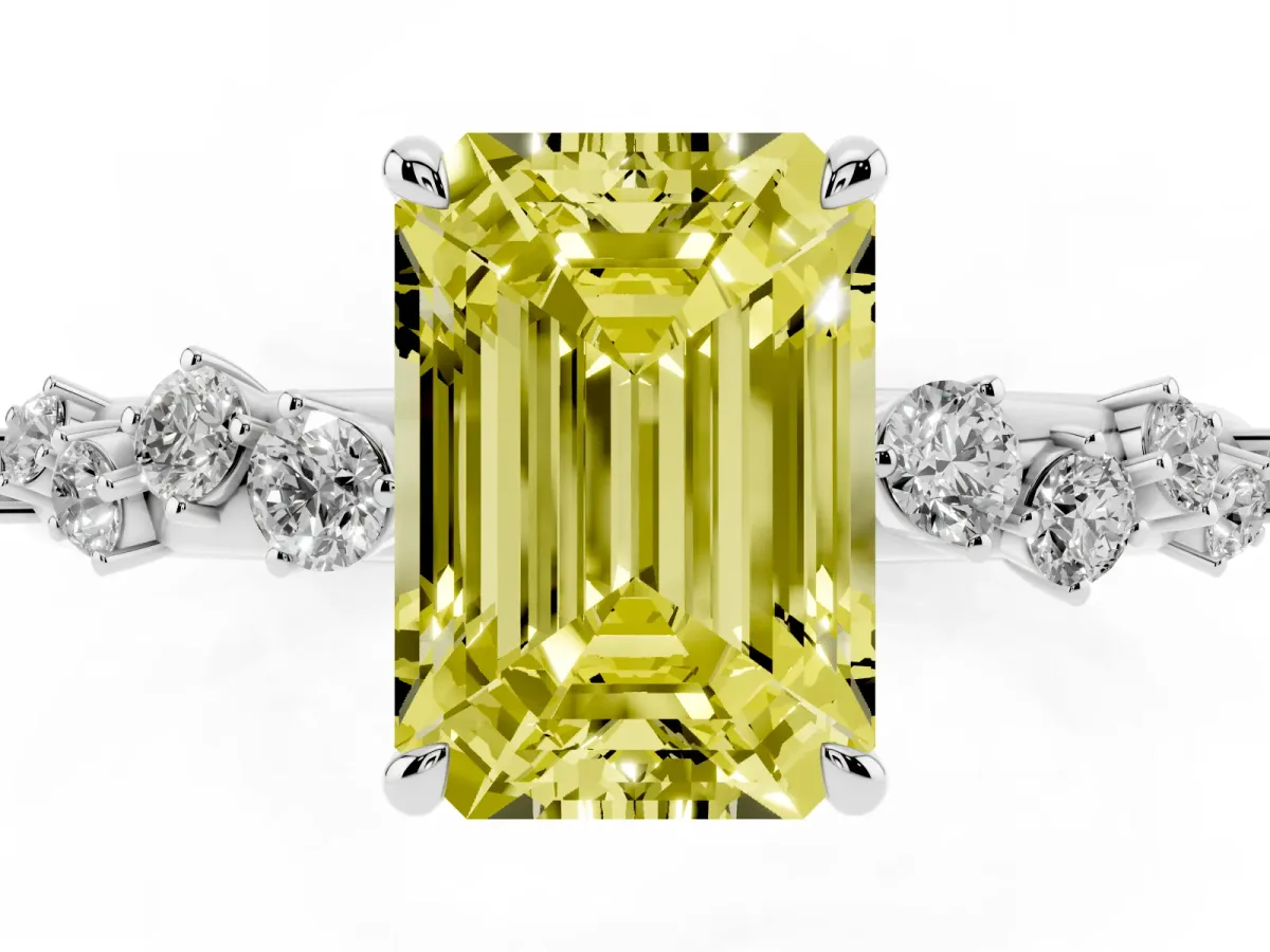 Fancy Yellow Emerald Cut Diamond Cluster Prong-Set Solitaire Ring Platinum