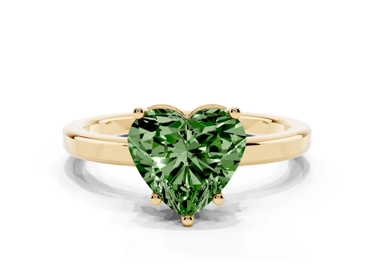 Fancy Green Heart Cut Cut Solitaire Engagement Ring with Four-Prong Setting on a Classic Band Yellow gold