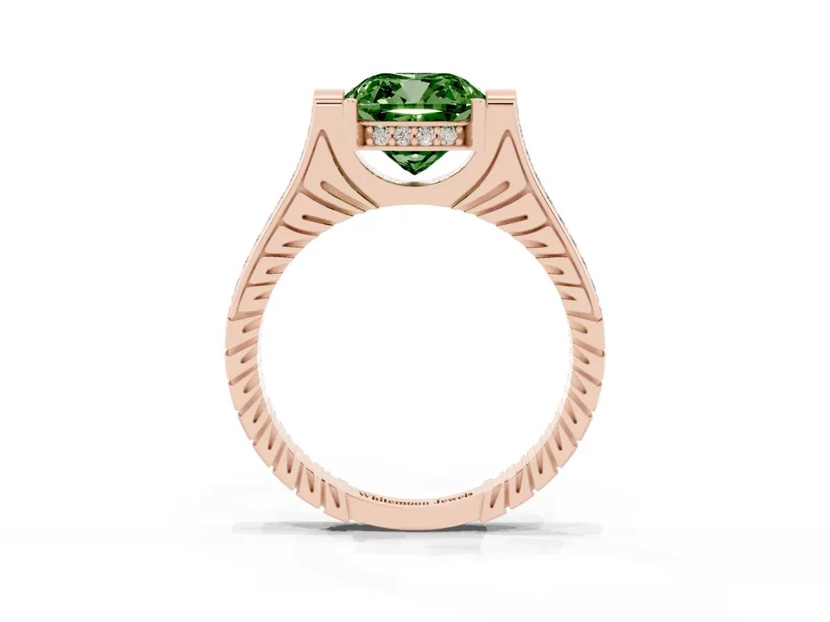 Fancy Green Cushion Cut Solitaire Diamond Ring with Channel Set Band and Bezel Prong Setting Rose gold