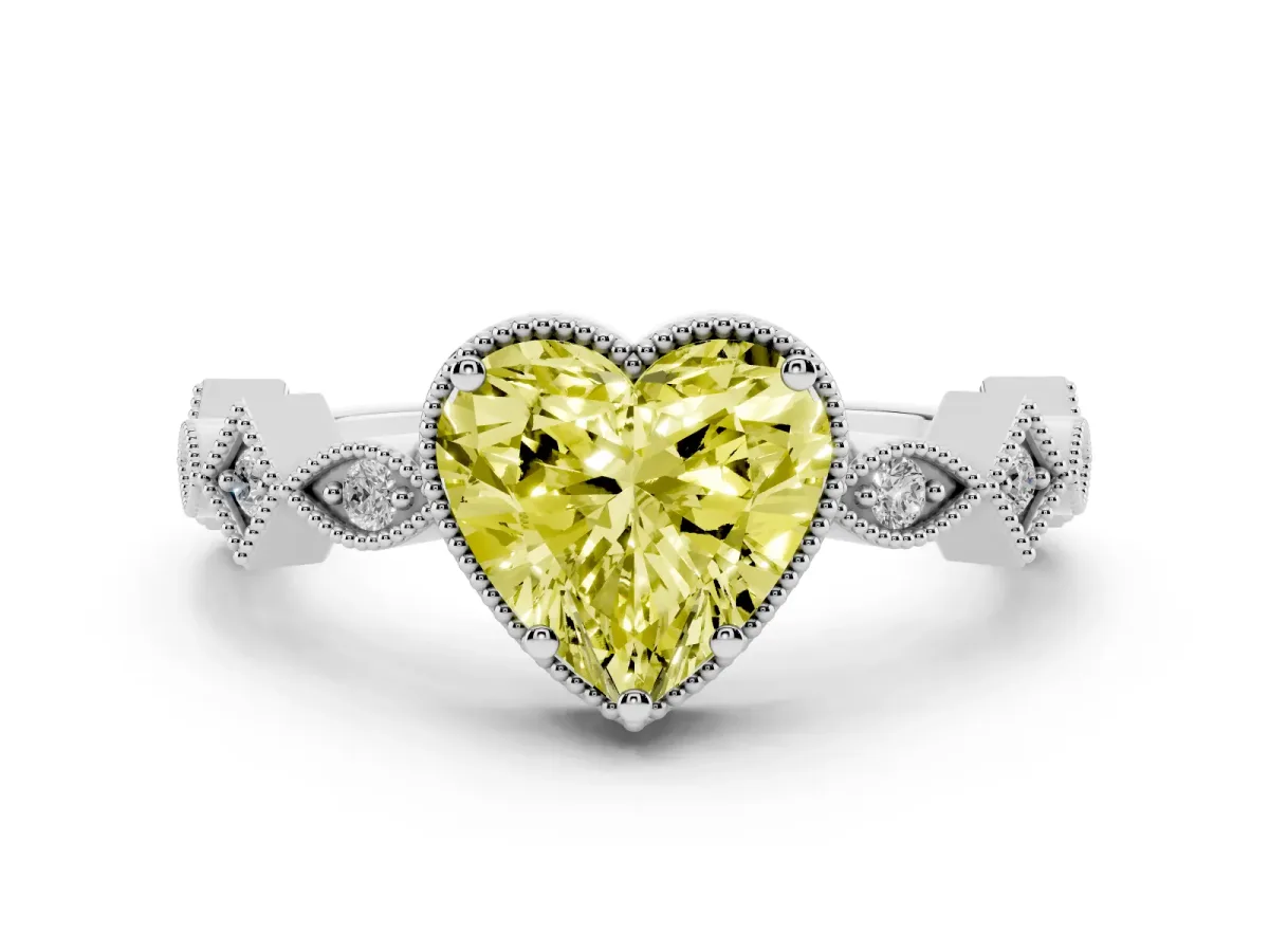 Fancy Yellow Heart Cut Milgrain Marquise Diamond Twist Band Ring Silver