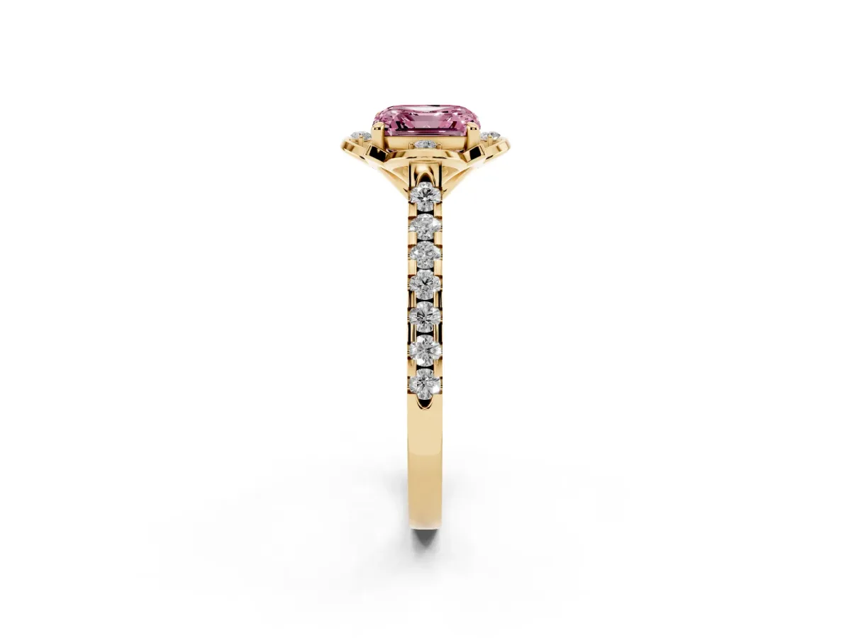 Fancy Pink Asscher Cut Diamond Ring with Pavé Band and Floral Prong Setting Yellow gold