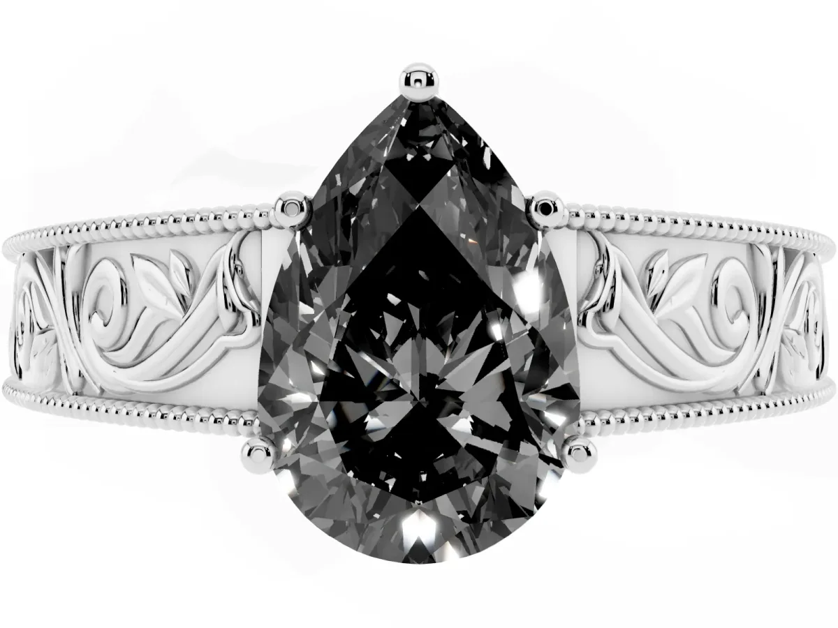 Fancy Black Pear Cut Diamond Solitaire Ring with Engraved Band and Four-Prong Setting Platinum
