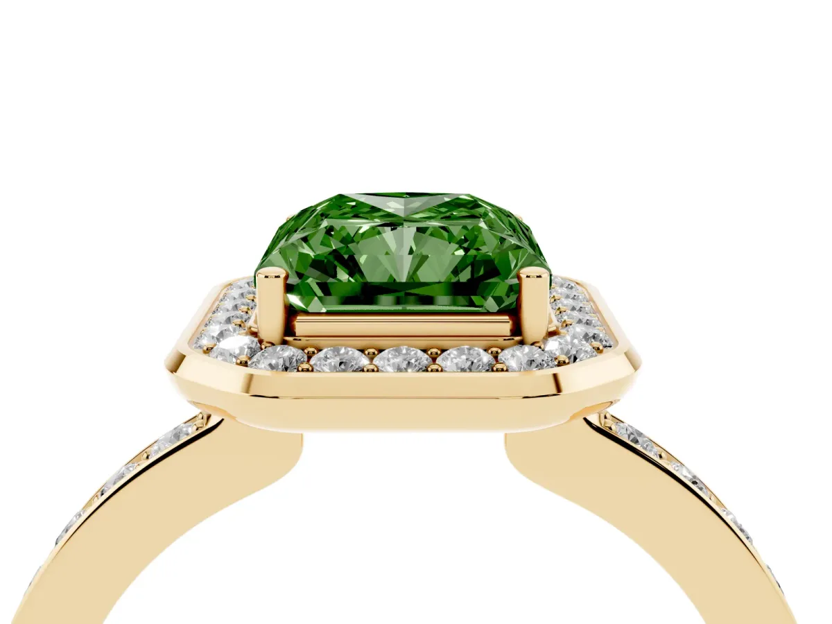 Fancy Green Radiant Cut Diamond Halo Ring with Bezel Frame and Pavé Band Yellow gold