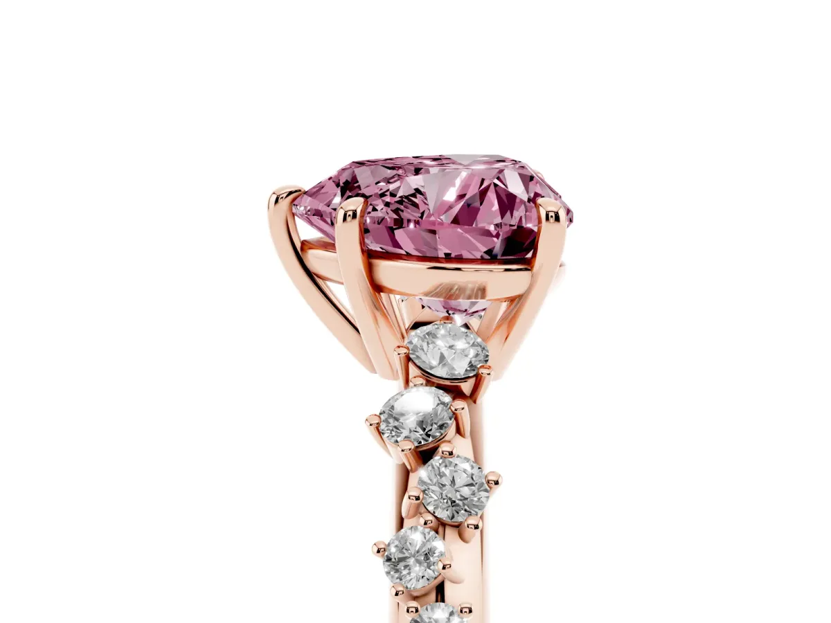 Fancy Pink Heart Cut Diamond Cluster Side Stone Solitaire Ring with Prong Setting Rose gold