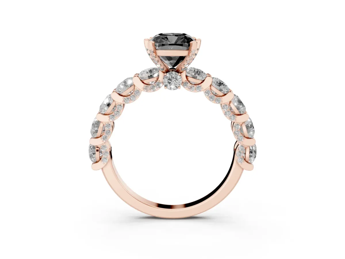 Fancy Black Cushion Cut Diamond Side Stone Engagement Ring with Four-Prong Setting Rose gold
