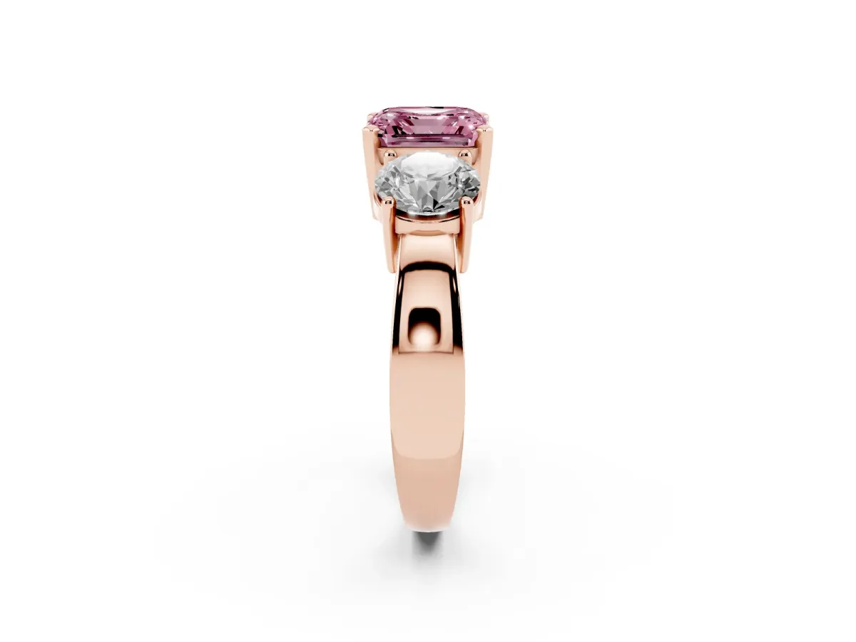 Fancy Pink Three-Stone Asscher Cut Diamond Ring with Round Side Stones, Classic Band, and Four-Prong Setting Rose gold