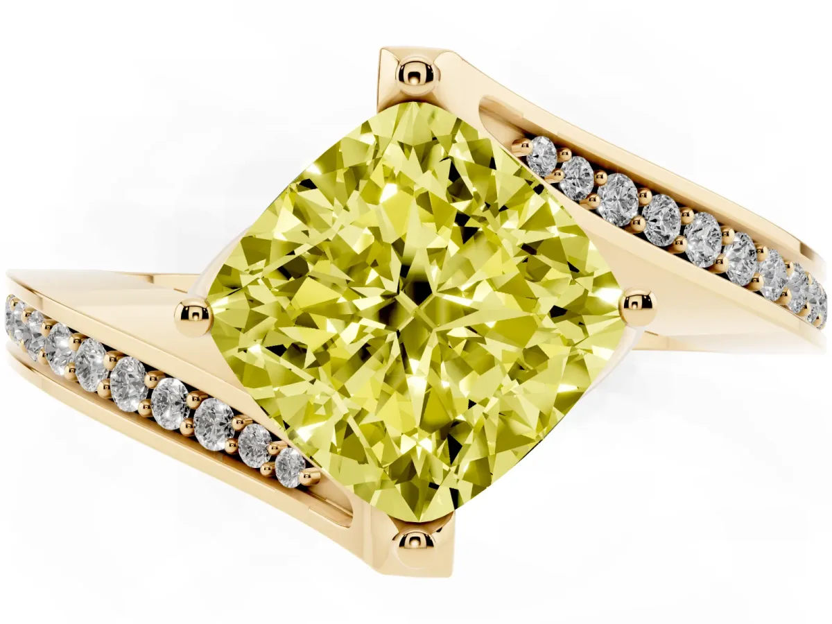 Fancy Yellow Cushion Cut Solitaire Diamond Twist Band with Pavé Setting and Four-Prong Setting Yellow gold