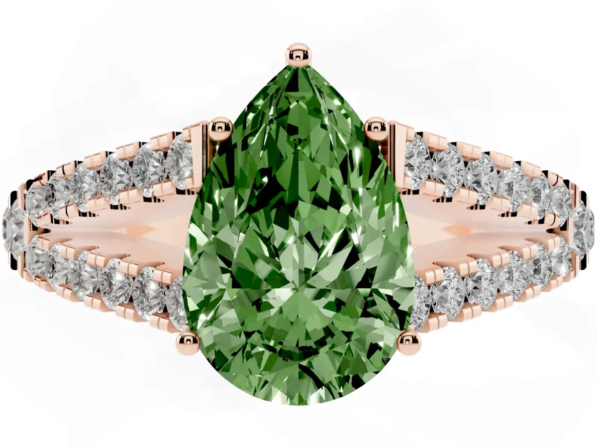 Fancy Green Pear Cut Diamond Split Shank Pavé Engagement Ring with Four-Prong Setting Rose gold