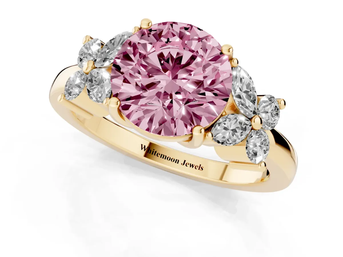 Fancy Pink Round Cut Diamond Floral Cluster Ring with Solitaire Band and Prong Setting Yellow gold