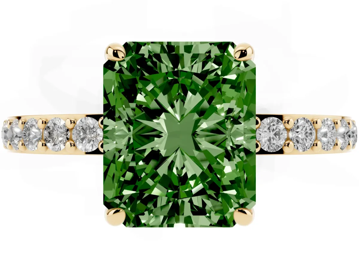 Fancy Green Radiant Cut Diamond Pavé Engagement Ring with Round Accents and Prong Setting Yellow gold