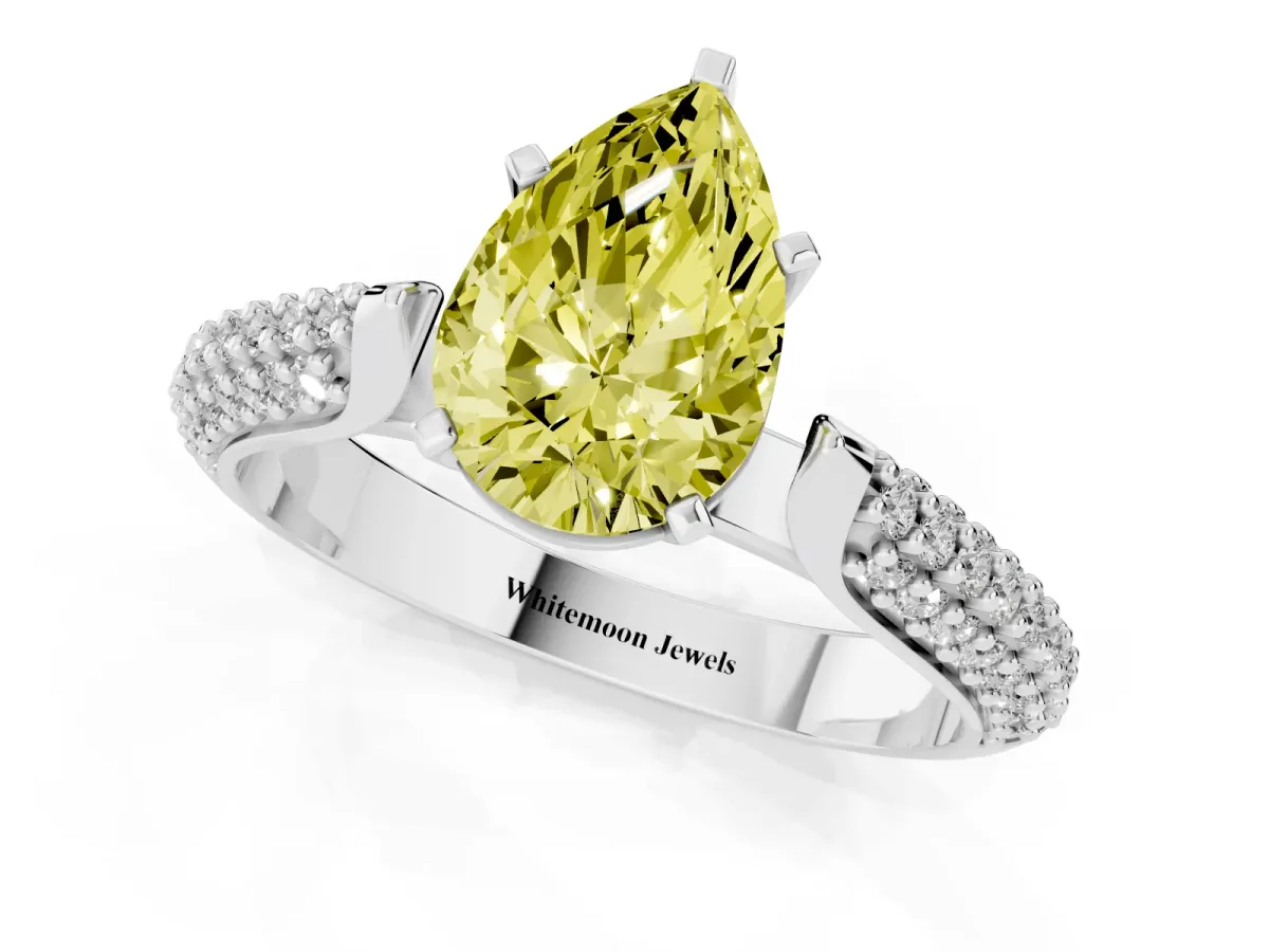 Fancy Yellow Pear Cut Diamond Solitaire Engagement Ring with Multi-Row Round Pavé Band and Prong Setting Silver