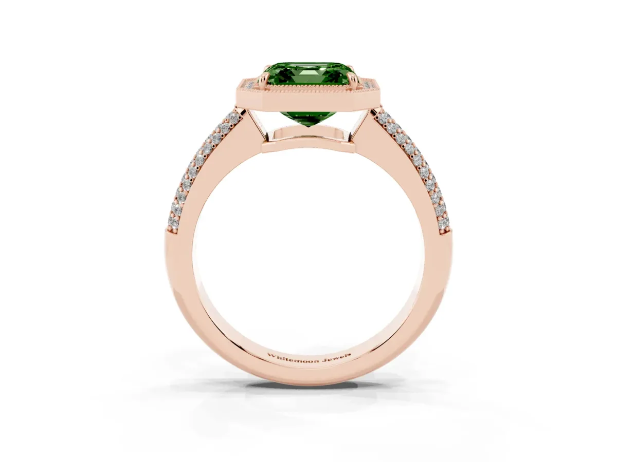 Fancy Green Asscher Cut Cut Halo Diamond Pave Band with Four-Prong Setting Rose gold