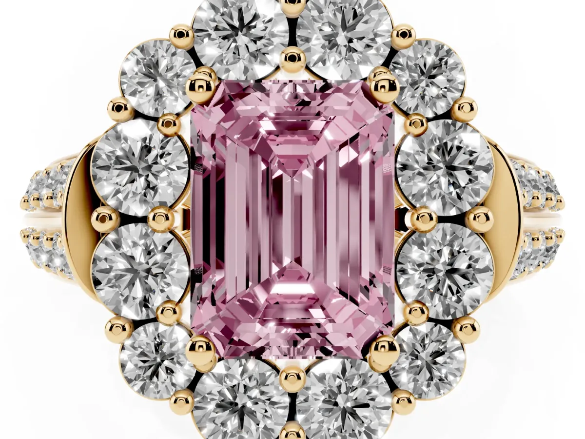 Fancy Pink Emerald Cut Halo Diamond Engagement Ring with Split Shank and Prong Setting Yellow gold